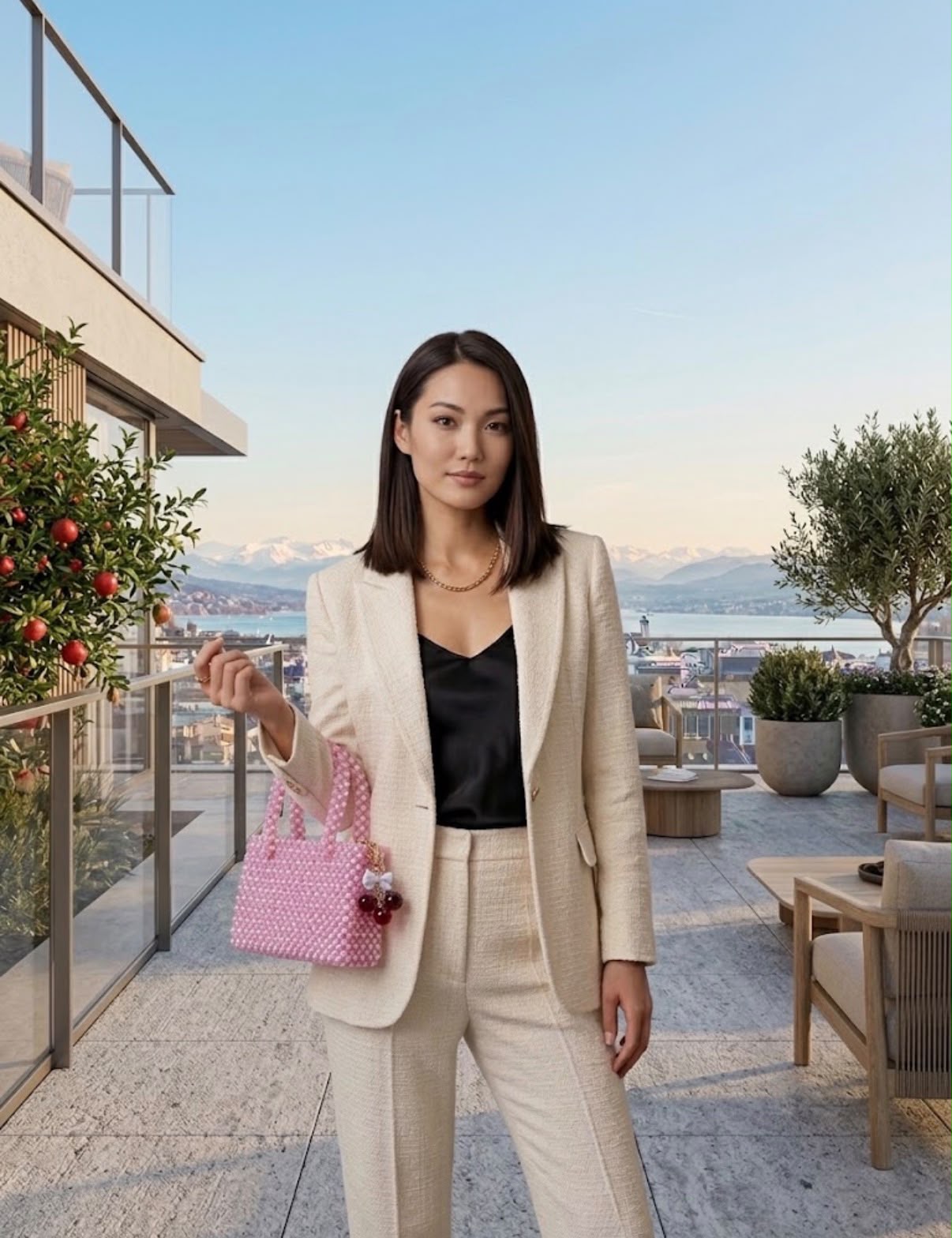 Modell mit grosser rosa Perlentasche